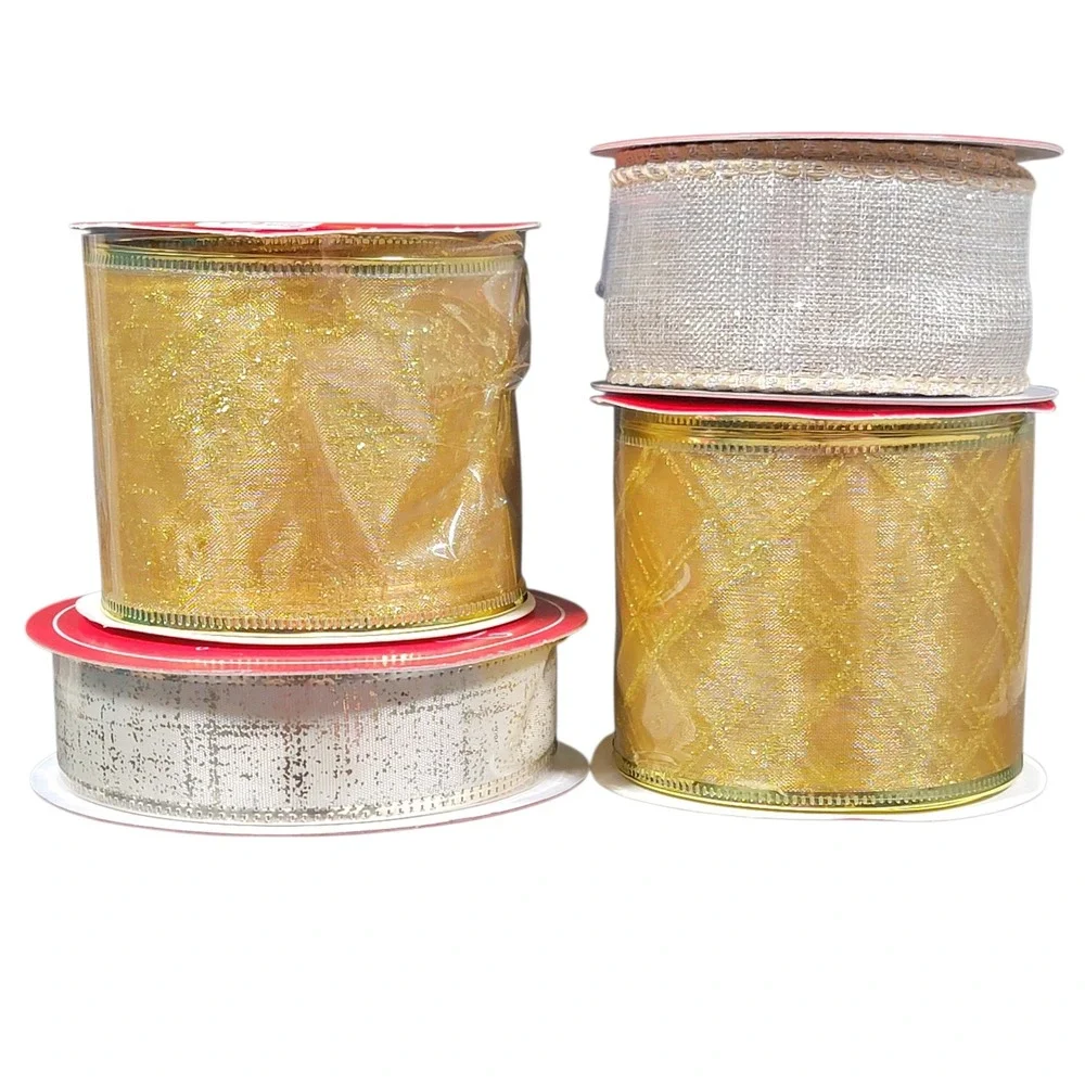 Gold Wired Edge Ribbon Lot of 4 Spools 21 Yds Christmas Wreath Crafts Holiday